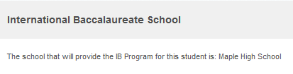 screenshot showing The school will provide the IB Program for the student is