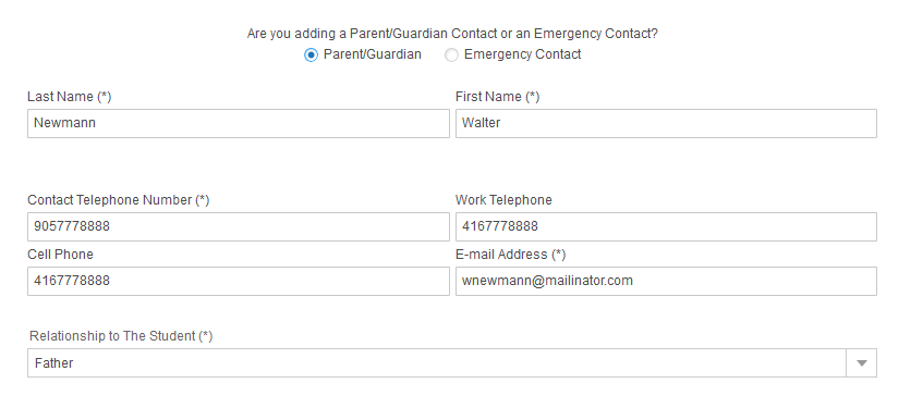 screenshot of Emergency Contact information