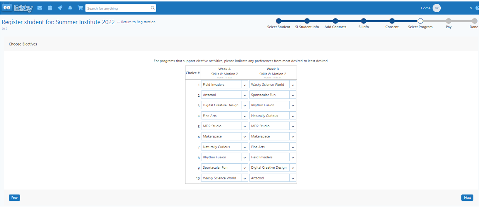 Example of Choose Electives information