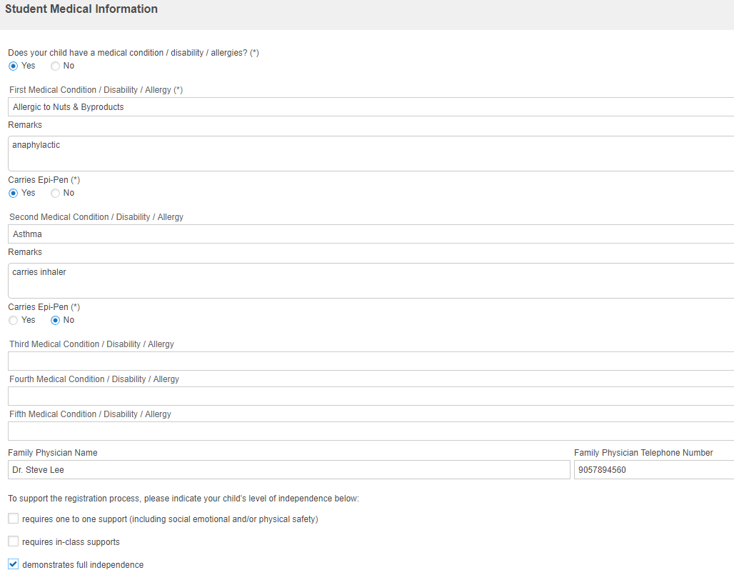 Example of Medical Information page in Edsby
