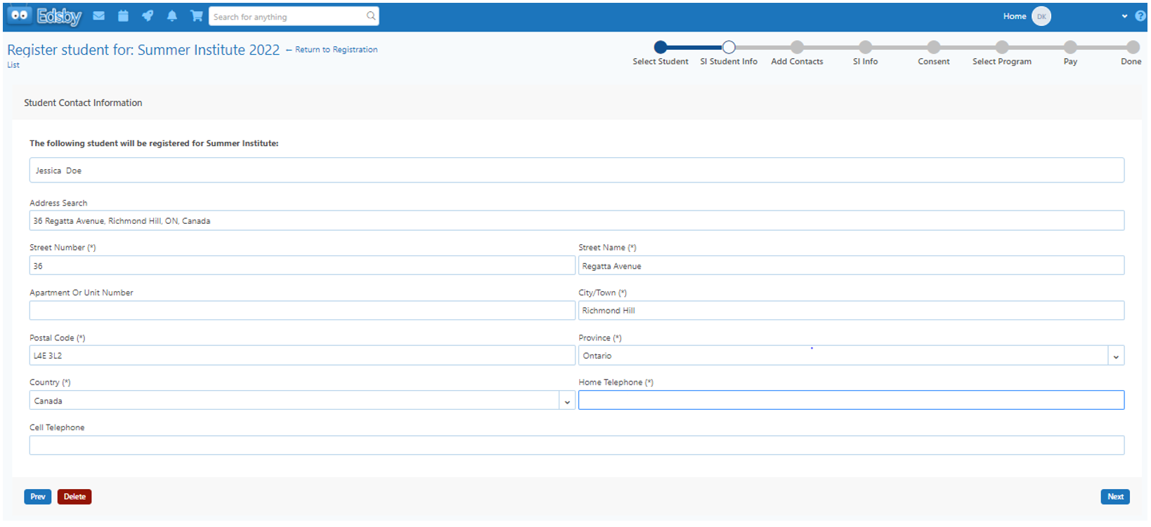 screenshot of Student Information