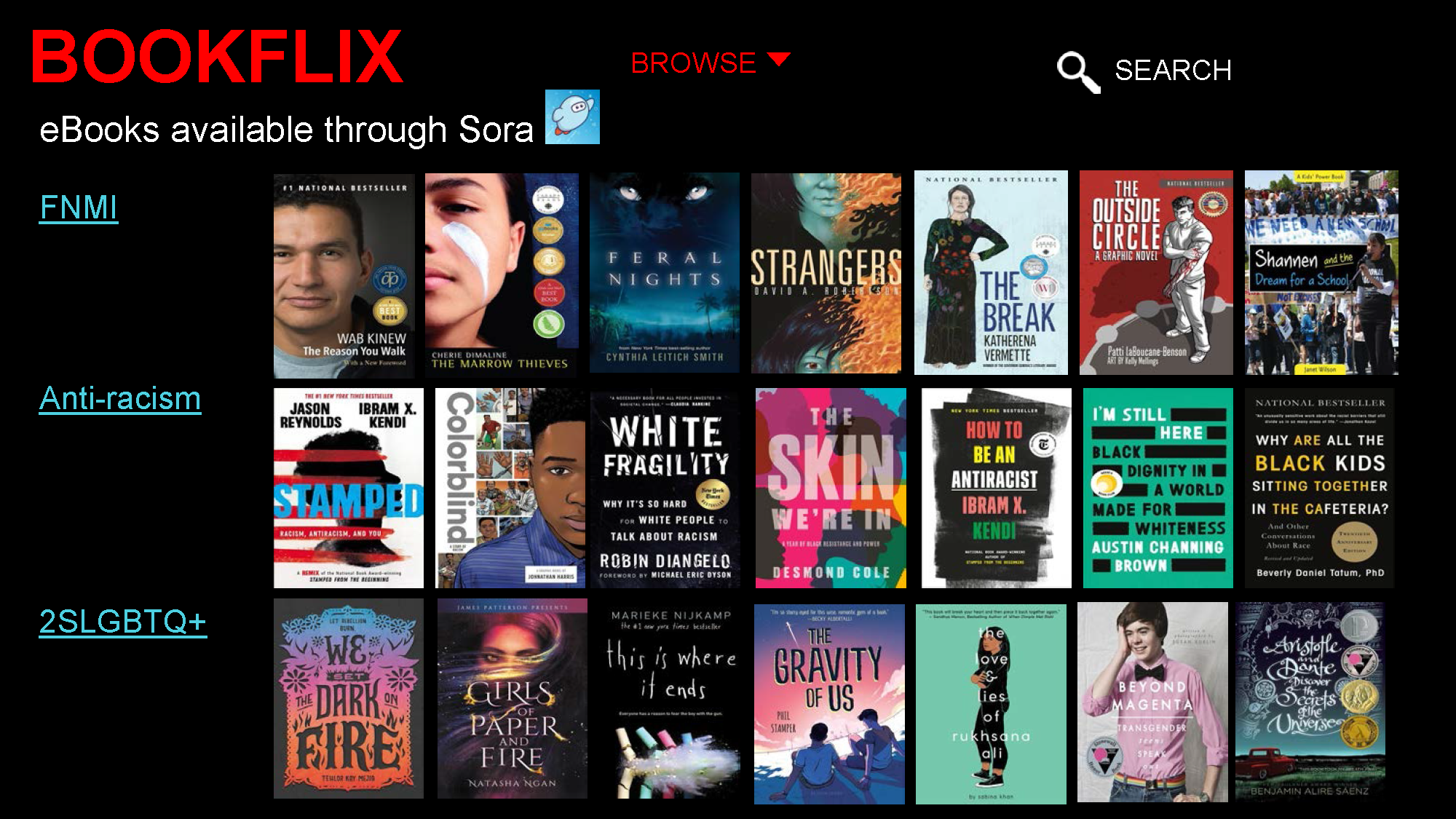 Bookflix Virtual Display - includes links to eBooks on the following topics:  FNMI, Anti-racism & 2SLGBTQ+