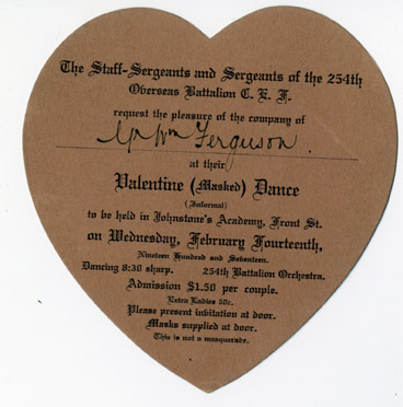 Invitation to the 254th Overseas Battalion's masked ball.